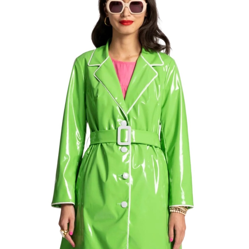Frances Valentine Morton Green Glossy Rain Coat with Belt 1X NWT